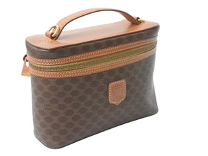 CELINE セリーヌ マカダム柄 ハンドバッグ バニティバック 化粧ポーチ PVC レザー DM95 ブラウン ゴールド金具 美品 中古 4b003433