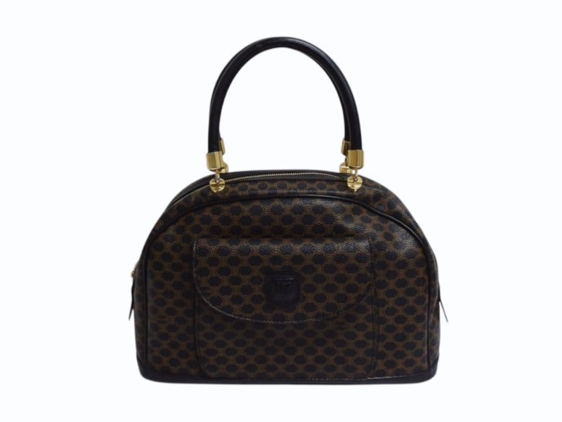 CELINE セリーヌ マカダム柄 ハンドバッグ ブラック ブラウン ミニボストン ロゴ PVC レザー MC96 ゴールド金具 鞄 美品 中古 4b003443