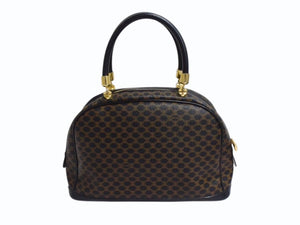 CELINE セリーヌ マカダム柄 ハンドバッグ ブラック ブラウン ミニボストン ロゴ PVC レザー MC96 ゴールド金具 鞄 美品 中古 4b003443