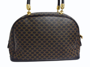 CELINE セリーヌ マカダム柄 ハンドバッグ ブラック ブラウン ミニボストン ロゴ PVC レザー MC96 ゴールド金具 鞄 美品 中古 4b003443