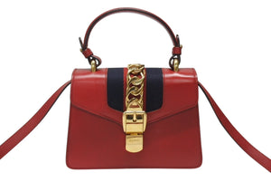 GUCCI グッチ シルヴィ ミニ 2WAY ハンドバッグ ショルダーバッグ 470270 レザー レッド ネイビー ゴールド金具 美品 中古 4b003445