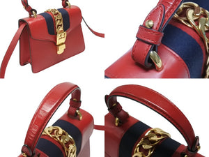 GUCCI グッチ シルヴィ ミニ 2WAY ハンドバッグ ショルダーバッグ 470270 レザー レッド ネイビー ゴールド金具 美品 中古 4b003445