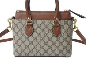 GUCCI グッチ 2WAYバッグ ハンドバッグ ショルダーバッグ GGスプリームキャンバス レザー ブラウン ベージュ 美品 中古 4b003455