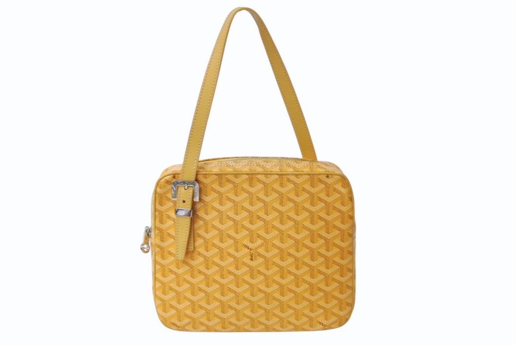 GOYARD ゴヤール ヨナ MM ハンドバッグ ヘリンボーン柄 イエロー ゴヤールディンキャンバス レザー シルバー金具 美品 中古 4b003457