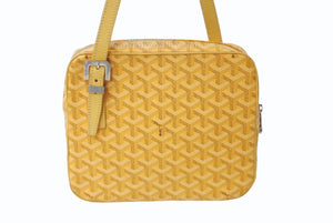 GOYARD ゴヤール ヨナ MM ハンドバッグ ヘリンボーン柄 イエロー ゴヤールディンキャンバス レザー シルバー金具 美品 中古 4b003457
