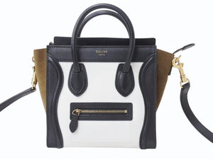 CELINE セリーヌ ハンドバッグ ショルダーバッグ 2way ラゲージナノショッパー カーフ ブラック ホワイト カーキ 美品 中古 4b003461