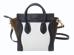 CELINE セリーヌ ハンドバッグ ショルダーバッグ 2way ラゲージナノショッパー カーフ ブラック ホワイト カーキ 美品 中古 4b003461