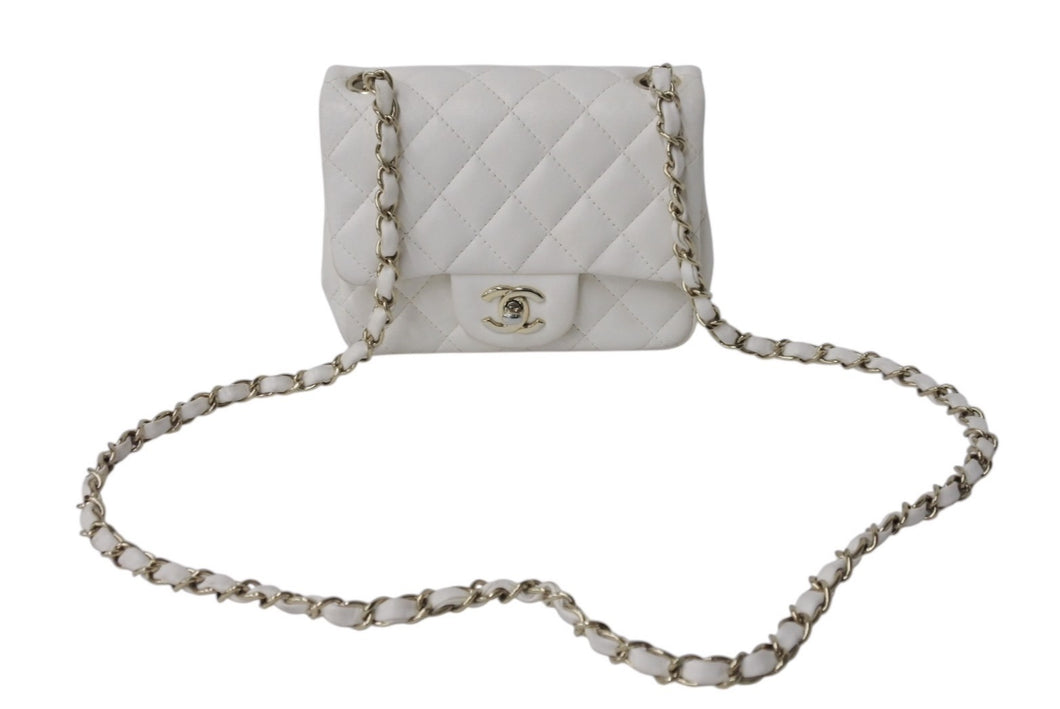 CHANEL シャネル ミニマトラッセ シングルフラップ シングルチェーン ショルダーバッグ ラムスキン ホワイト ゴールド金具 美品 中古 4b003462