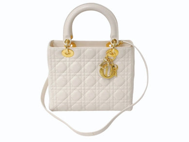 Christian Dior クリスチャンディオール レディ ディオール 2WAY ショルダーバッグ ミディアム カナージュ ラムスキン ライトベージュ M0565ONGE 美品 中古 4b003463