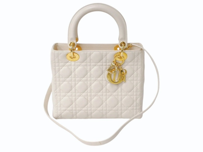 Christian Dior クリスチャンディオール レディ ディオール 2WAY ショルダーバッグ ミディアム カナージュ ラムスキン ライトベージュ M0565ONGE 美品 中古 4b003463