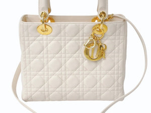 Christian Dior クリスチャンディオール レディ ディオール 2WAY ショルダーバッグ ミディアム カナージュ ラムスキン ライトベージュ M0565ONGE 美品 中古 4b003463