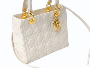 Christian Dior クリスチャンディオール レディ ディオール 2WAY ショルダーバッグ ミディアム カナージュ ラムスキン ライトベージュ M0565ONGE 美品 中古 4b003463