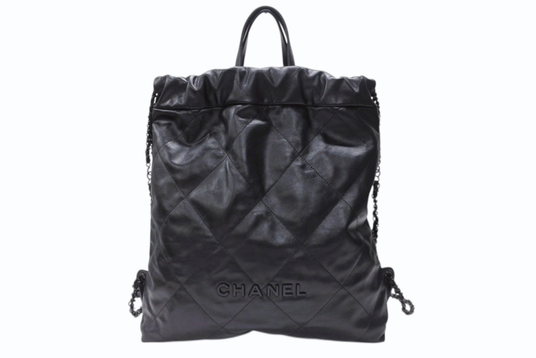 極美品 CHANEL シャネル シャネル22 バックパック ハンドバッグ ココマーク ソーブラック カーフスキン ロゴ金具 中古 4b003486