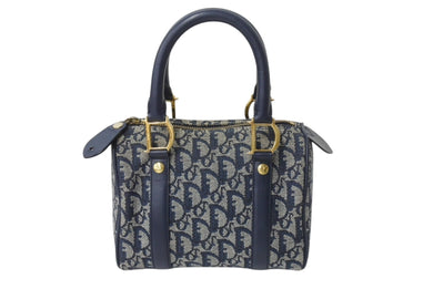 Christian Dior クリスチャンディオール ハンドバッグ ミニボストンバッグ キャンバス レザー トロッター柄 ネイビー ゴールド金具 美品 中古 4b003487