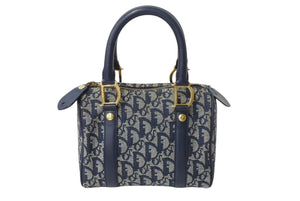 Christian Dior クリスチャンディオール ハンドバッグ ミニボストンバッグ キャンバス レザー トロッター柄 ネイビー ゴールド金具 美品 中古 4b003487