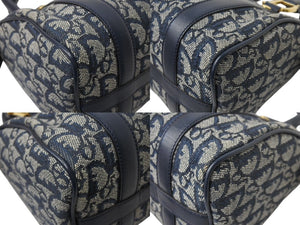 Christian Dior クリスチャンディオール ハンドバッグ ミニボストンバッグ キャンバス レザー トロッター柄 ネイビー ゴールド金具 美品 中古 4b003487