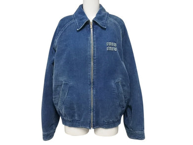 新品未使用 MIUMIU ミュウミュウ ウォッシュドコーデュロイ ブルゾンジャケット ML1152 サイズ38 ロゴパッチ ブルー 中古 4b003491