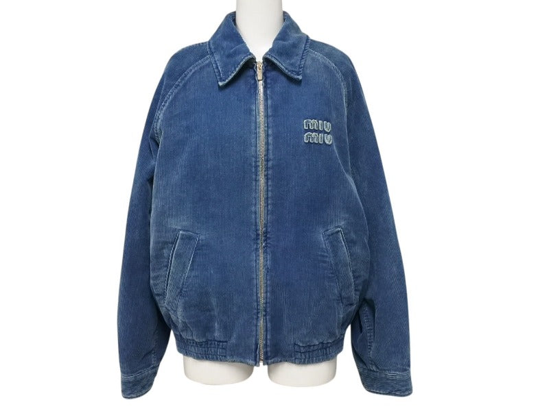 新品未使用 MIUMIU ミュウミュウ ウォッシュドコーデュロイ ブルゾンジャケット ML1152 サイズ38 ロゴパッチ ブルー 中古 4b003491