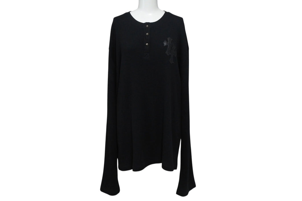 極美品 CHROME HEARTS クロムハーツ 長袖Ｔシャツ ロンT サーマル セメタリークロス レザーパッチ ブラック コットン サイズXL 中古 4b003519