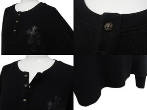 極美品 CHROME HEARTS クロムハーツ 長袖Ｔシャツ ロンT サーマル セメタリークロス レザーパッチ ブラック コットン サイズXL 中古 4b003519