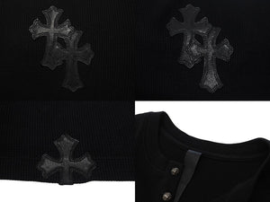 極美品 CHROME HEARTS クロムハーツ 長袖Ｔシャツ ロンT サーマル セメタリークロス レザーパッチ ブラック コットン サイズXL 中古 4b003519