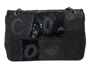 新品同様 CHANEL シャネル デカマトラッセ30 ラージ パッチワークレザー Sフラップ Wチェーン ショルダーバッグ 25番台 ブラック 中古 4b003535
