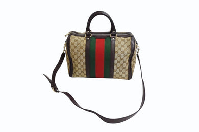 GUCCI グッチ ボストンバッグ ハンドバッグ シェリーライン 247205 GGキャンバス ベージュ ゴールド金具 美品 中古 4b003540