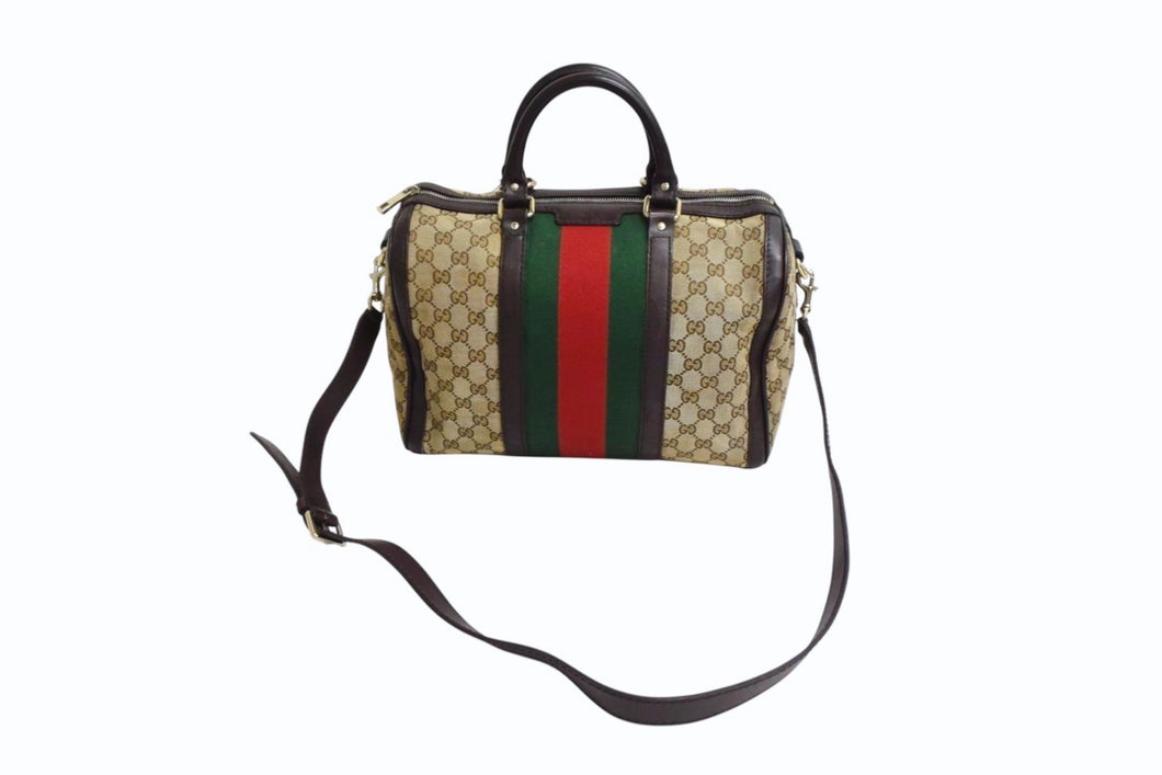 GUCCI グッチ ボストンバッグ ハンドバッグ シェリーライン 247205 GGキャンバス ベージュ ゴールド金具 美品 中古 4b003540