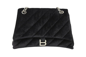 極美品 BALENCIAGA バレンシアガ クラッシュ チェーン ショルダーバッグ ミディアム ブラック ベロア 716393 シルバー金具 ロゴ 中古 4b003556