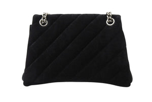 極美品 BALENCIAGA バレンシアガ クラッシュ チェーン ショルダーバッグ ミディアム ブラック ベロア 716393 シルバー金具 ロゴ 中古 4b003556