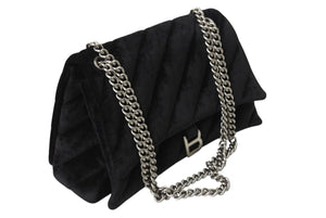 極美品 BALENCIAGA バレンシアガ クラッシュ チェーン ショルダーバッグ ミディアム ブラック ベロア 716393 シルバー金具 ロゴ 中古 4b003556