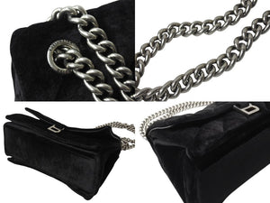 極美品 BALENCIAGA バレンシアガ クラッシュ チェーン ショルダーバッグ ミディアム ブラック ベロア 716393 シルバー金具 ロゴ 中古 4b003556