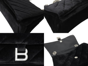 極美品 BALENCIAGA バレンシアガ クラッシュ チェーン ショルダーバッグ ミディアム ブラック ベロア 716393 シルバー金具 ロゴ 中古 4b003556