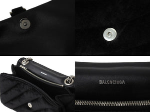 極美品 BALENCIAGA バレンシアガ クラッシュ チェーン ショルダーバッグ ミディアム ブラック ベロア 716393 シルバー金具 ロゴ 中古 4b003556