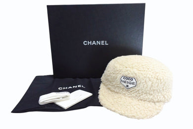 極美品 CHANEL シャネル COCO NEIGE ココネージュ ハット キャップ 帽子 サイズM ココマーク パッチ フェイクファー アイボリー 中古 4b003559