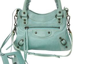 BALENCIAGA バレンシアガ サック クラシック ミニ 2WAY ミニバッグ ターコイズブルー アンティークゴールド金具 美品 中古 4b003568