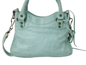 BALENCIAGA バレンシアガ サック クラシック ミニ 2WAY ミニバッグ ターコイズブルー アンティークゴールド金具 美品 中古 4b003568