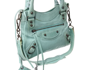 BALENCIAGA バレンシアガ サック クラシック ミニ 2WAY ミニバッグ ターコイズブルー アンティークゴールド金具 美品 中古 4b003568