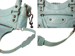 BALENCIAGA バレンシアガ サック クラシック ミニ 2WAY ミニバッグ ターコイズブルー アンティークゴールド金具 美品 中古 4b003568