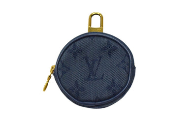 極美品 LOUIS VUITTON ルイヴィトン モノグラム デニム ラウンドポーチ M68290 バックチャーム キーホルダー ネイビー ゴールド金具 中古 4b003585