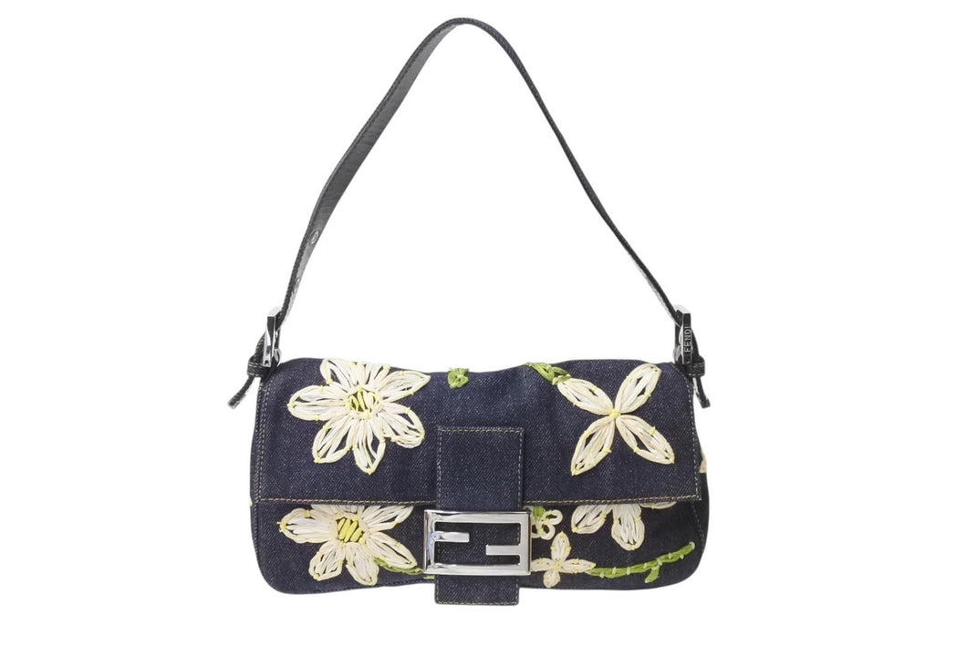FENDI フェンディ フラワー デニム マンマバケット ワンショルダーバッグ 26425 刺繍 ネイビー シルバー金具 美品 中古 4b003591