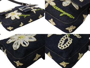 FENDI フェンディ フラワー デニム マンマバケット ワンショルダーバッグ 26425 刺繍 ネイビー シルバー金具 美品 中古 4b003591