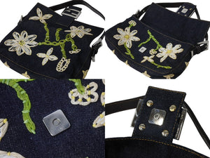 FENDI フェンディ フラワー デニム マンマバケット ワンショルダーバッグ 26425 刺繍 ネイビー シルバー金具 美品 中古 4b003591