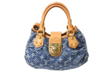 LOUIS VUITTON ルイヴィトン プリーティ ハンドバッグ M95020 モノグラム デニム レザー ブルー ゴールド金具 美品 中古 4b003613