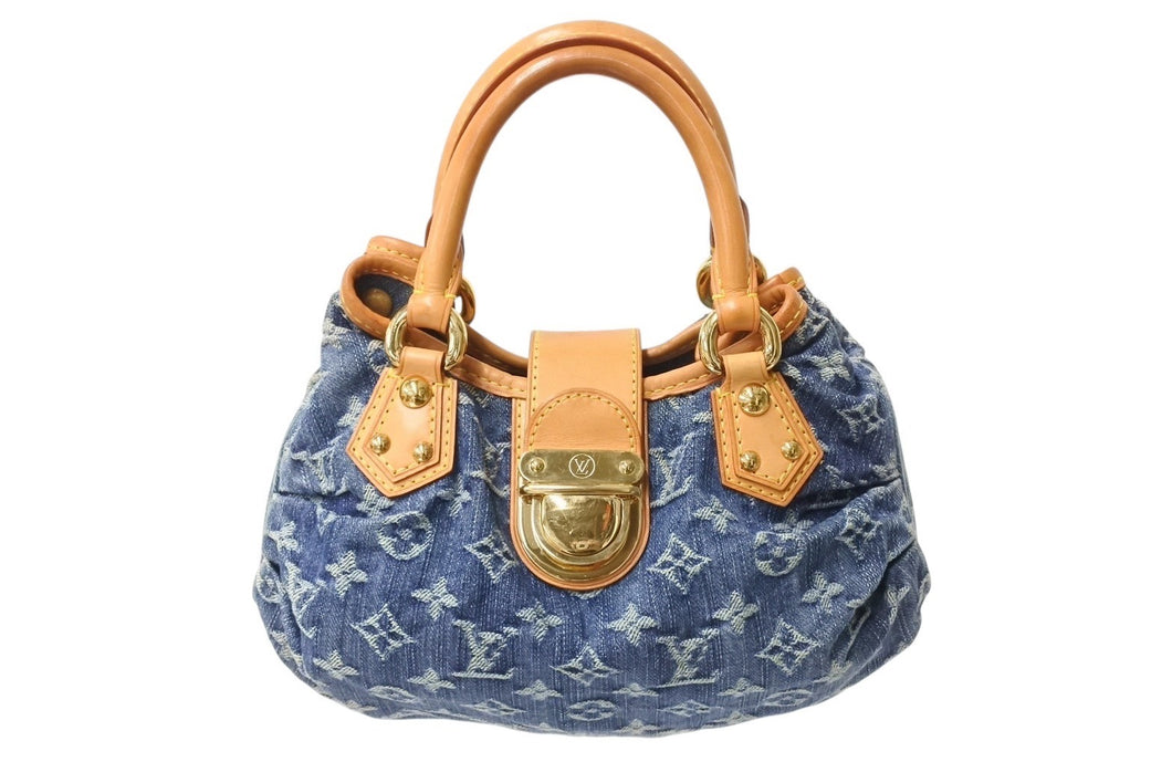 LOUIS VUITTON ルイヴィトン プリーティ ハンドバッグ M95020 モノグラム デニム レザー ブルー ゴールド金具 美品 中古 4b003613
