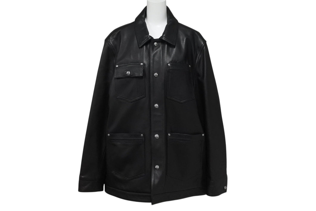 極美品 CHROME HEARTS クロムハーツ カバーオール レザージャケット サイズL クロスボール スクロールラベル金具 ブラック 中古 4b003626 