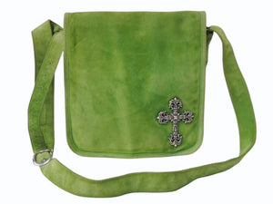 CHROME HEARTS クロムハーツ ラージ フィリグリークロス メールバッグ ショルダーバッグ スウェード シルバー925 グリーン 美品 中古 4b003631