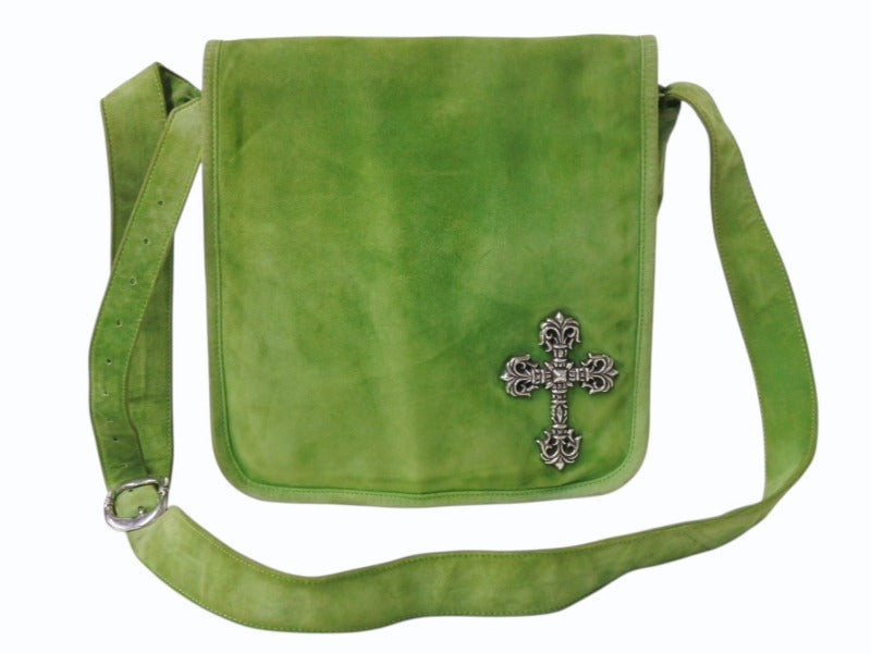 CHROME HEARTS クロムハーツ ラージ フィリグリークロス メールバッグ ショルダーバッグ スウェード シルバー925 グリーン 美品 中古 4b003631