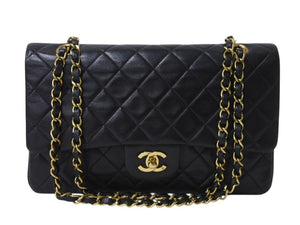 極美品 CHANEL シャネル マトラッセ25 Wフラップ Wチェーンショルダーバッグ 3番台 ラムスキン ココマーク ブラック ゴールド金具 中古 4b003655