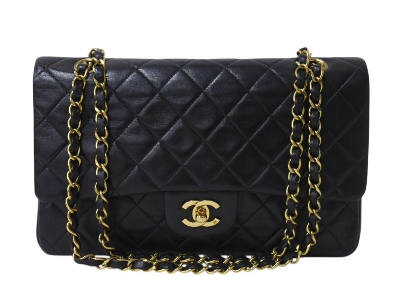 極美品 CHANEL シャネル マトラッセ25 Wフラップ Wチェーンショルダーバッグ 3番台 ラムスキン ココマーク ブラック ゴールド金具 中古 4b003655